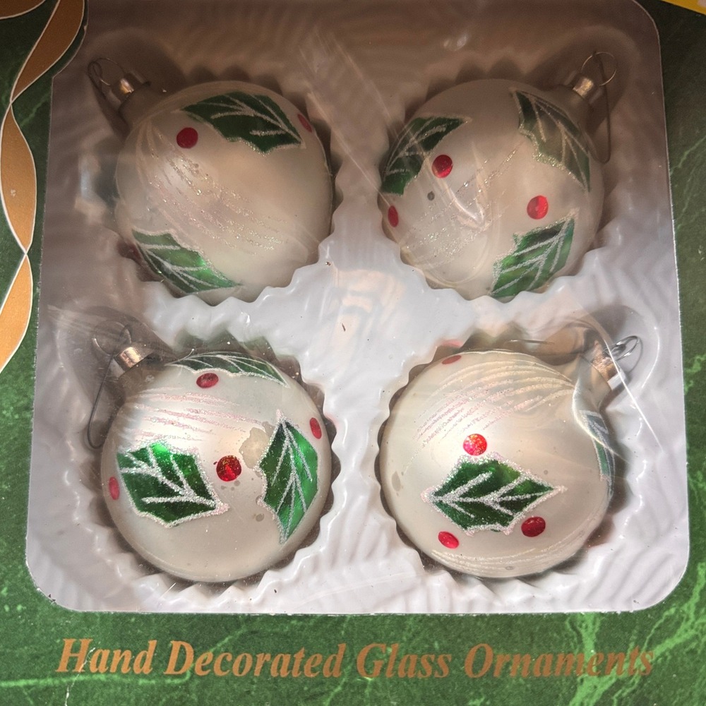 Bradford Christmas Trimmeries White Holly Ball Glass Ornaments 4pc Set